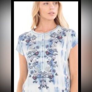 APNY Sz XL women’s peasant boho blouse blue white tapestry art to wear  NWOT